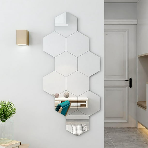 Himerus Large Mirror Wall Stickers Modern Hexagon Geometric Pattern Removable Wall Decals DIY Vinyl Art Wall Sticker Art Home Decoration for Bathroom Sitting Room 15Pcs Sliver Side Length 4.5 